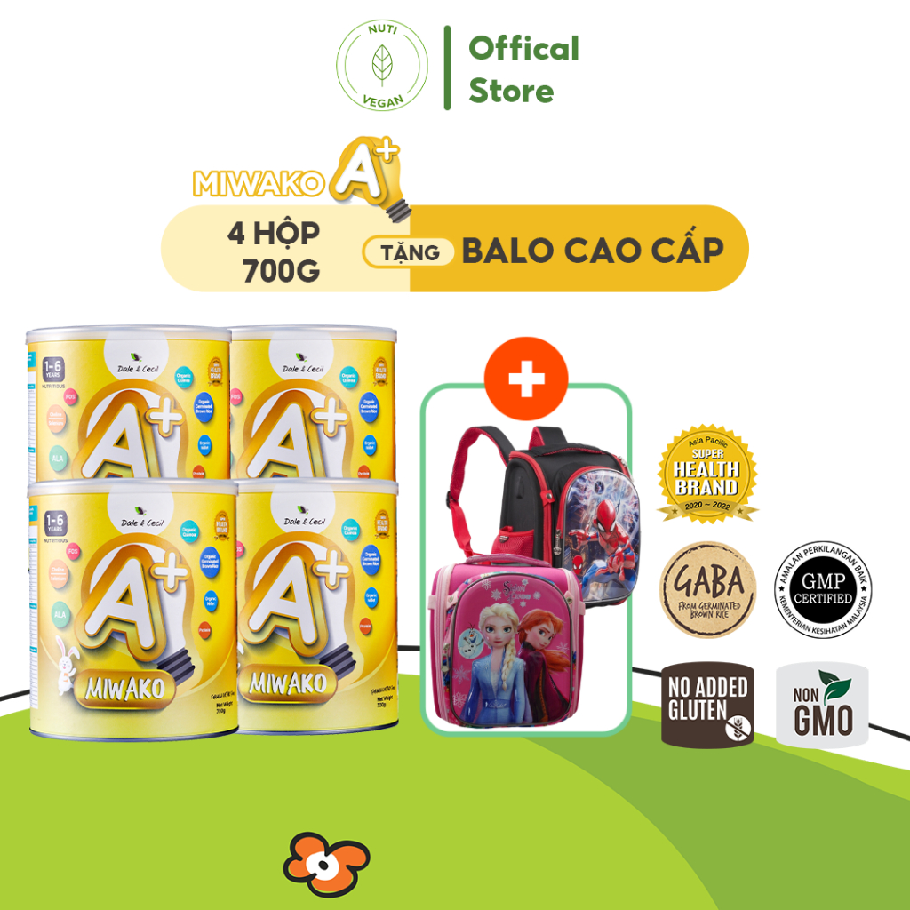 Sữa Miwako A+ Sữa Hạt Cho Bé Tăng Chiều Cao Ngủ Ngon Phát Triển Thông Minh, Sữa Không Đường 700g Vị Vani x4 Hộp - miwako