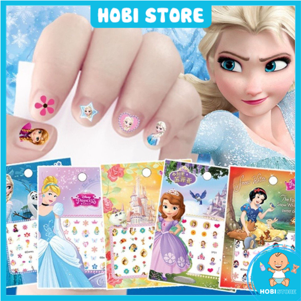 Set sticker dán móng tay nail sticker 3D nổi hoạ tiết công chúa hoạt hình Disney đáng yêu cho bé gái Frozen Elsa Ariel