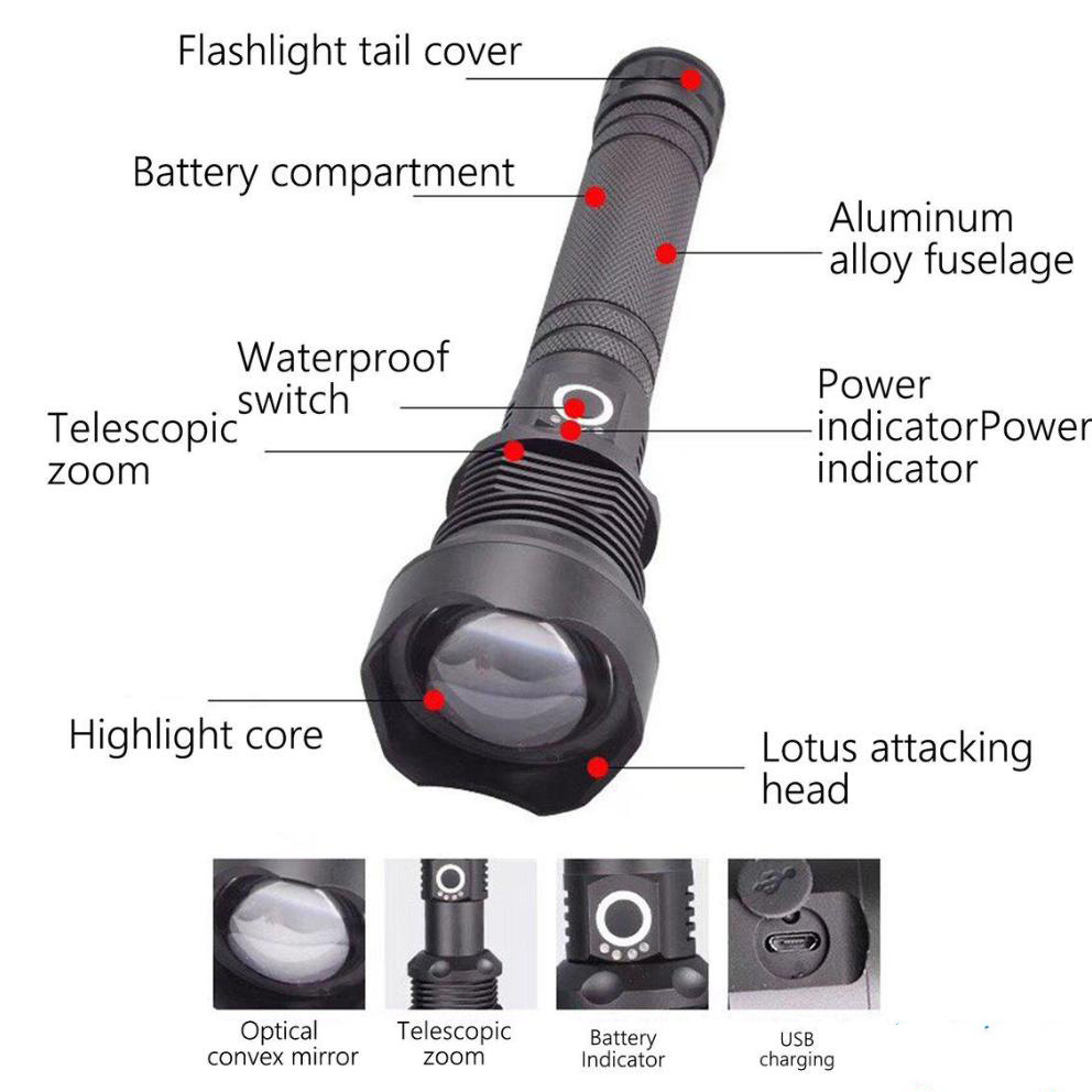 Đèn pin siêu sáng KAW P70 pin 26650 chip XHP70 cao cấp có zoom xa gần, chiêu xa 200m
