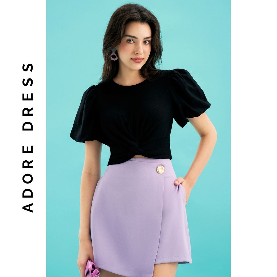 Áo Cropped T-shirts thun tăm đen phối chất liệu tay 311TS3002 ADORE DRESS