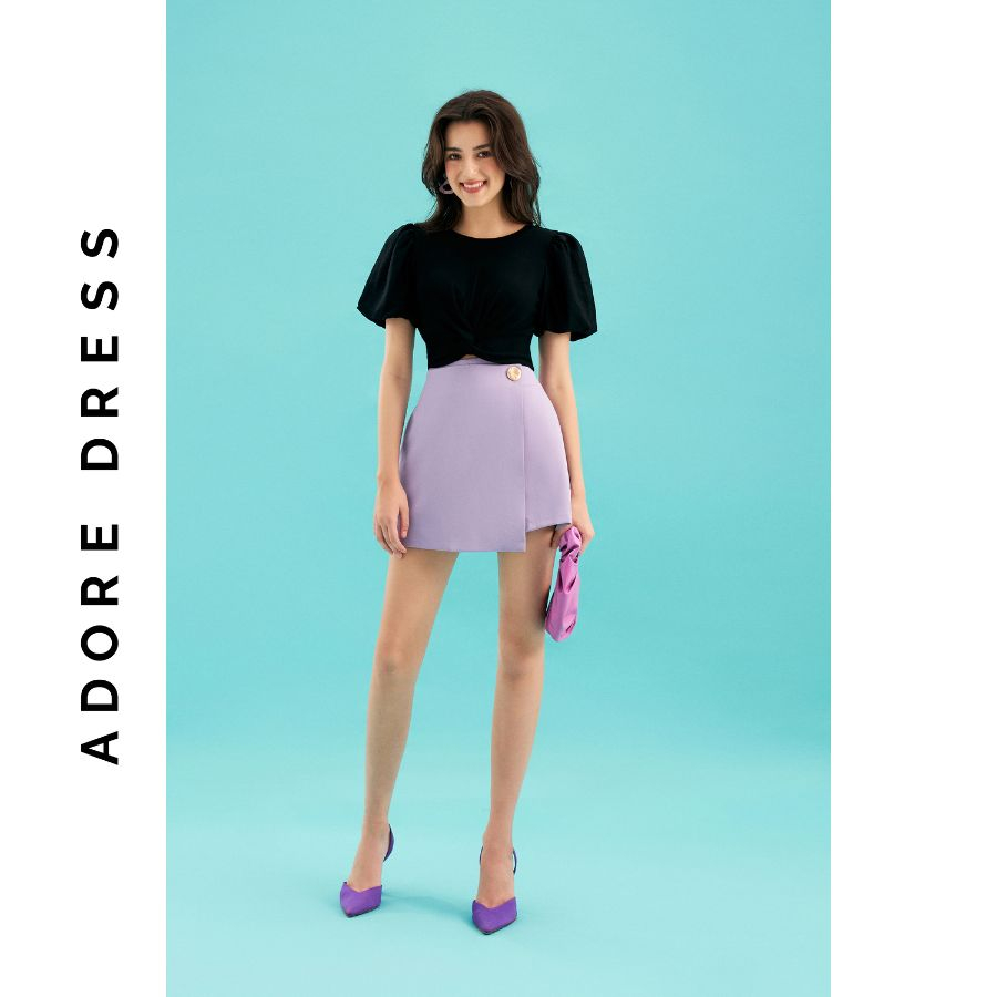 Áo Cropped T-shirts thun tăm đen phối chất liệu tay 311TS3002 ADORE DRESS