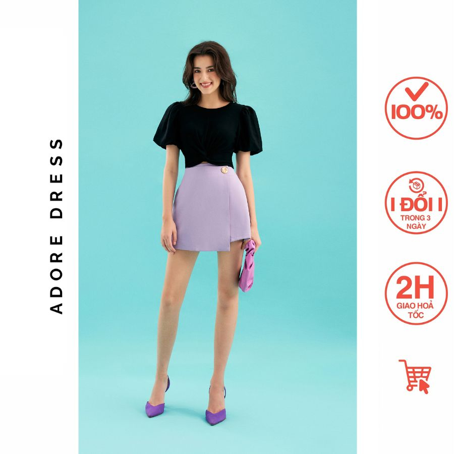 Áo Cropped T-shirts thun tăm đen phối chất liệu tay 311TS3002 ADORE DRESS