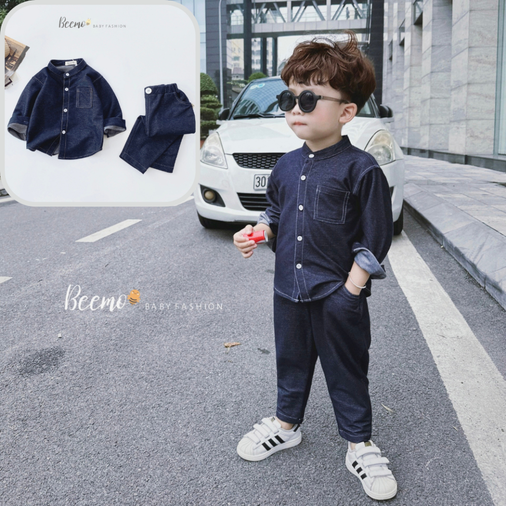 Bộ quần áo giả Jean cổ tàu BEEMO cho bé trai đi chơi đi học phong cách Hàn Quốc BE90