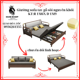 Sofa giường kéo thông minh gấp gọn, giường sofa đa năng khung thép tay gỗ sồi viền kim loại nhập khẩu, KT 1m2 x 1m9
