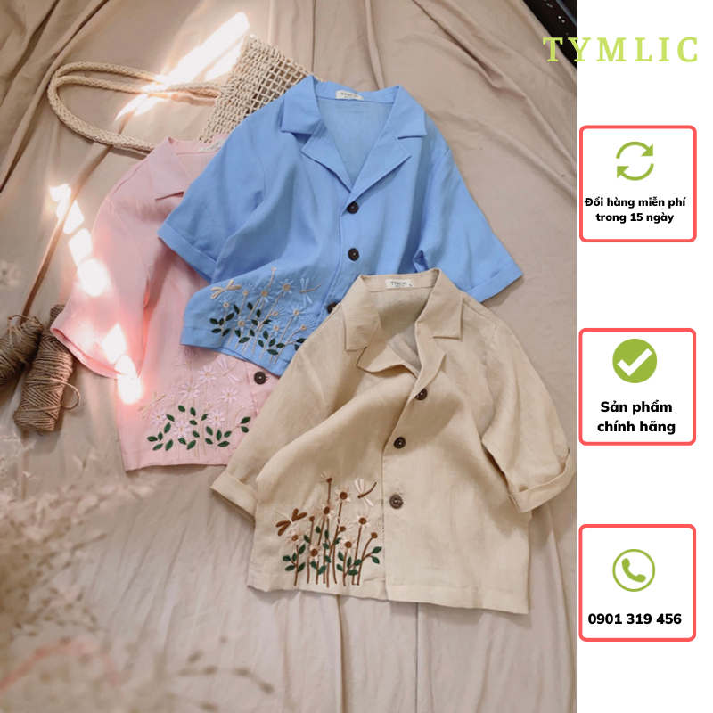 Áo Sơ Mi Kiểu Linen Tưng Premium Cổ Vest Thêu Hoa Nhí 3 Màu TYMLIC