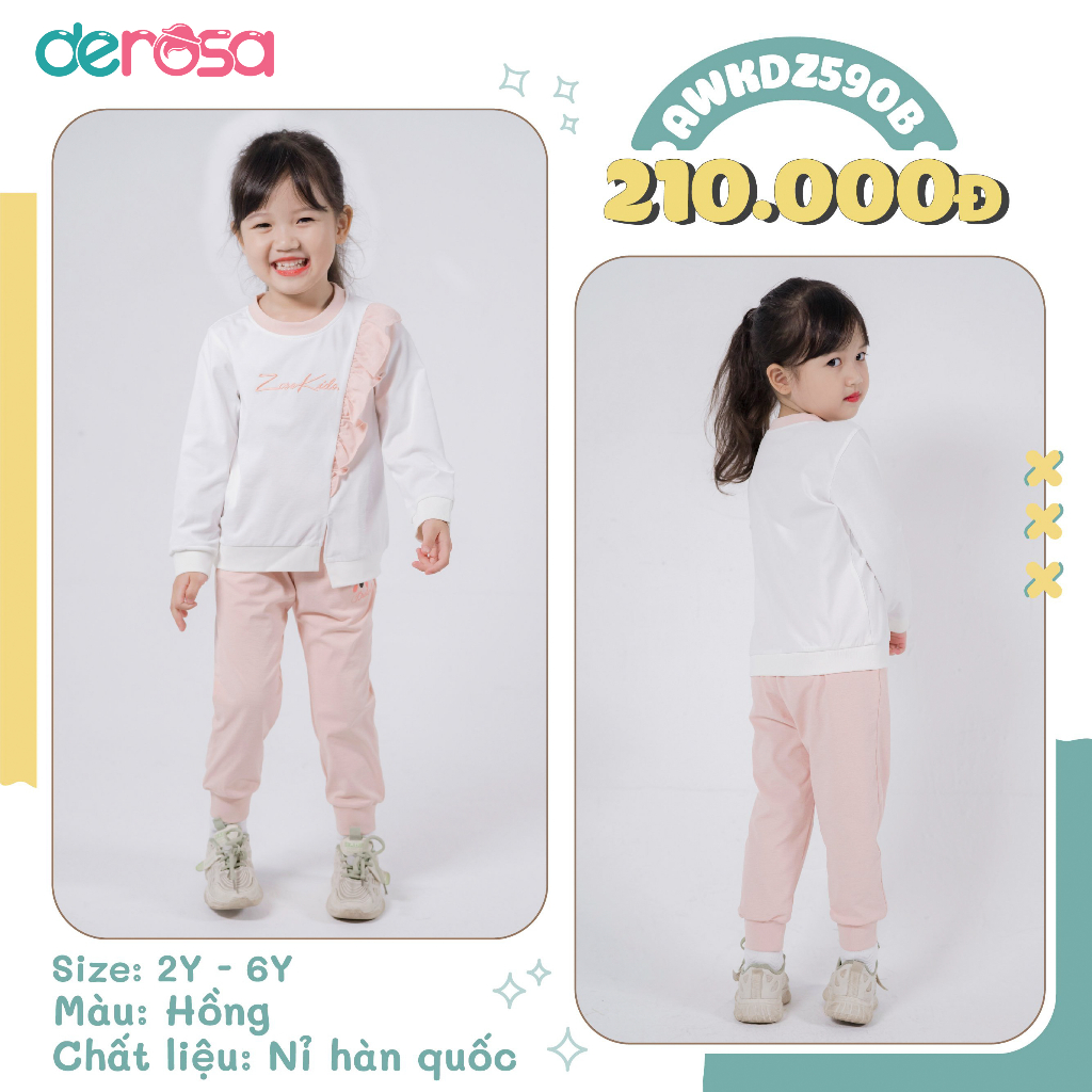 Bộ quần áo dài tay cho bé gái DEROSA KIDS bộ đồ nỉ hàn quốc thu đông cho trẻ 2-6 tuổi AWKDZ590B