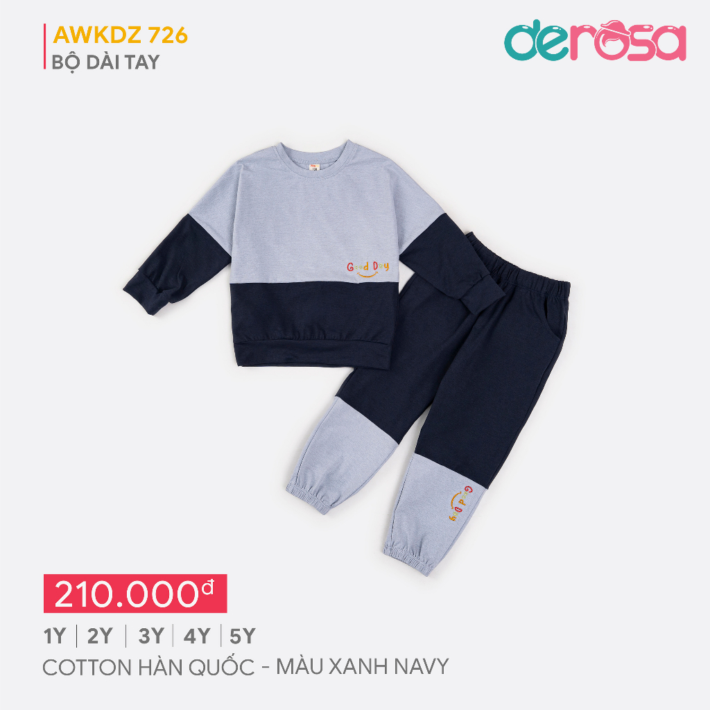 Bộ quần áo dài tay DEROSA KIDS chất liệu cotton Hàn quốc cho bé từ 1 đến 5 tuổi AWKDZ726B