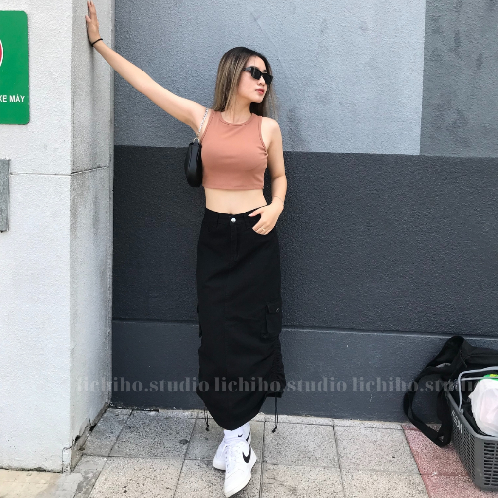Chân váy chữ A dáng dài phối dây rút phong cách vintage váy kaki túi hộp thiết kế lưng cao xẻ tà sau năng động LCH | BigBuy360 - bigbuy360.vn