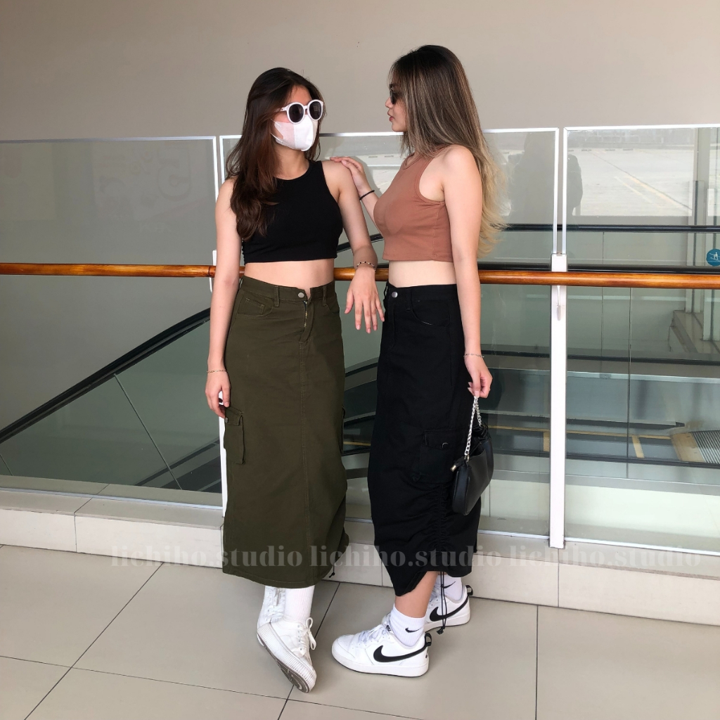 Chân váy chữ A dáng dài phối dây rút phong cách vintage váy kaki túi hộp thiết kế lưng cao xẻ tà sau năng động LCH | BigBuy360 - bigbuy360.vn