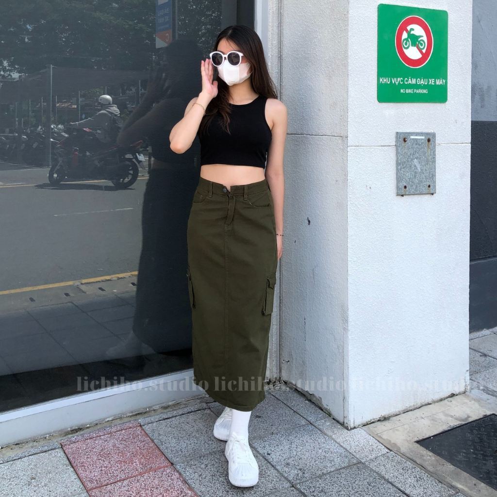 Chân váy chữ A dáng dài phối dây rút phong cách vintage váy kaki túi hộp thiết kế lưng cao xẻ tà sau năng động LCH | BigBuy360 - bigbuy360.vn
