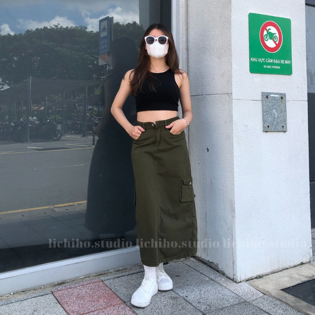 Chân váy chữ A dáng dài phối dây rút phong cách vintage váy kaki túi hộp thiết kế lưng cao xẻ tà sau năng động LCH | BigBuy360 - bigbuy360.vn