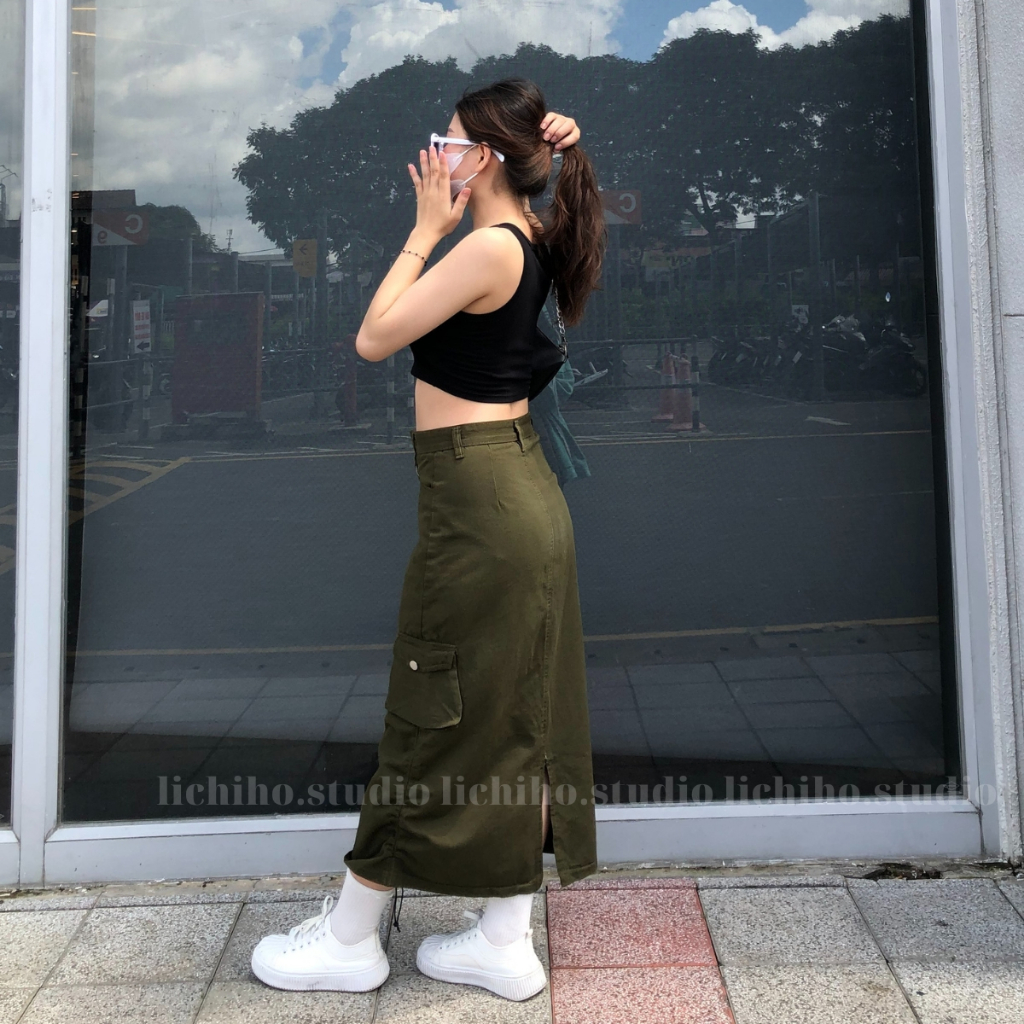 Chân váy chữ A dáng dài phối dây rút phong cách vintage váy kaki túi hộp thiết kế lưng cao xẻ tà sau năng động LCH | BigBuy360 - bigbuy360.vn