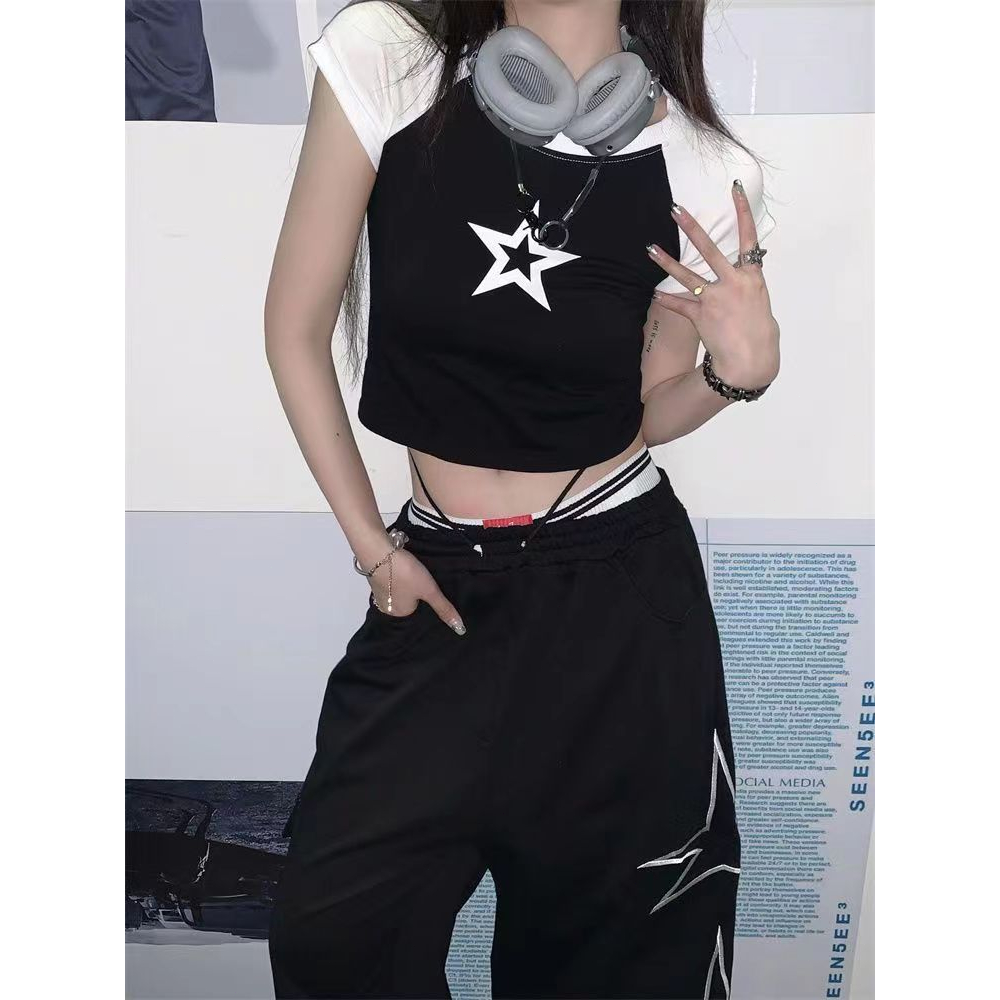 GgFashion Áo croptop y2k Tay Ngắn In Họa Tiết Ngôi Sao Thời Trang Mùa Hè Cho Nữ