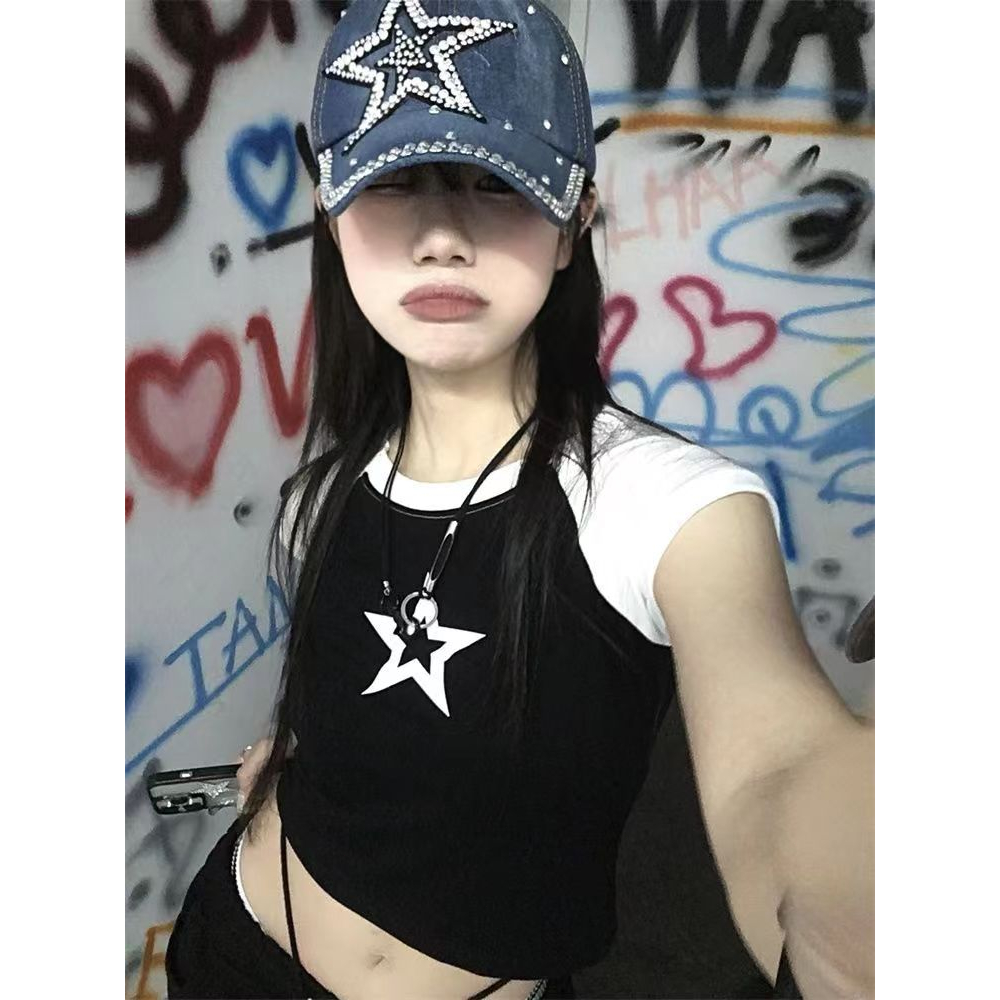 GgFashion Áo croptop y2k Tay Ngắn In Họa Tiết Ngôi Sao Thời Trang Mùa Hè Cho Nữ