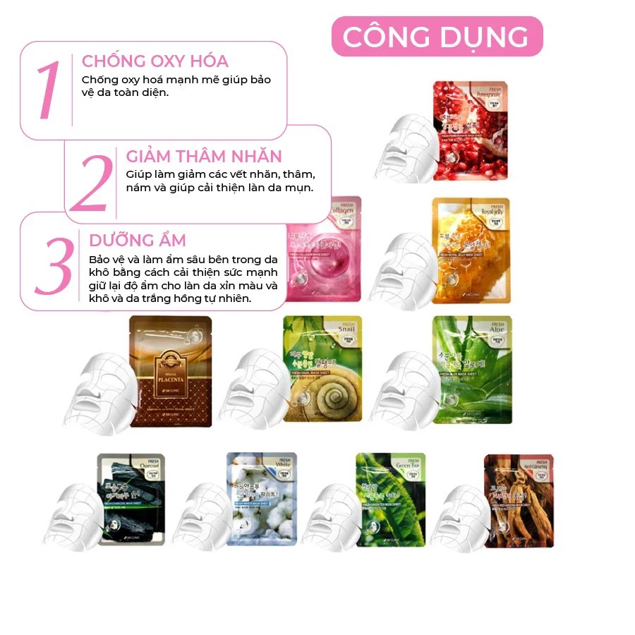 1 miếng Mặt Nạ Dưỡng Da 3W Clinic Fresh Mask Sheet 23ml Hàn Quốc có nhiều màu shop Cosin Store