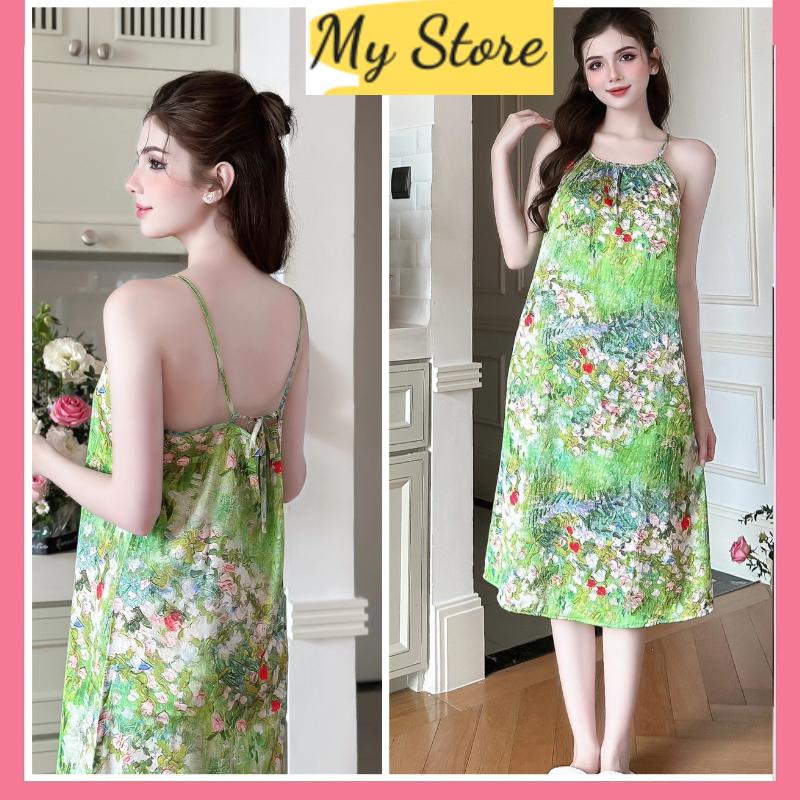 Đầm nữ đẹp mặc nhà, váy ngủ cổ yếm tiểu thư quyến rũ xinh xắn lụa latin in 5D freesize dưới 60kg MY STORE