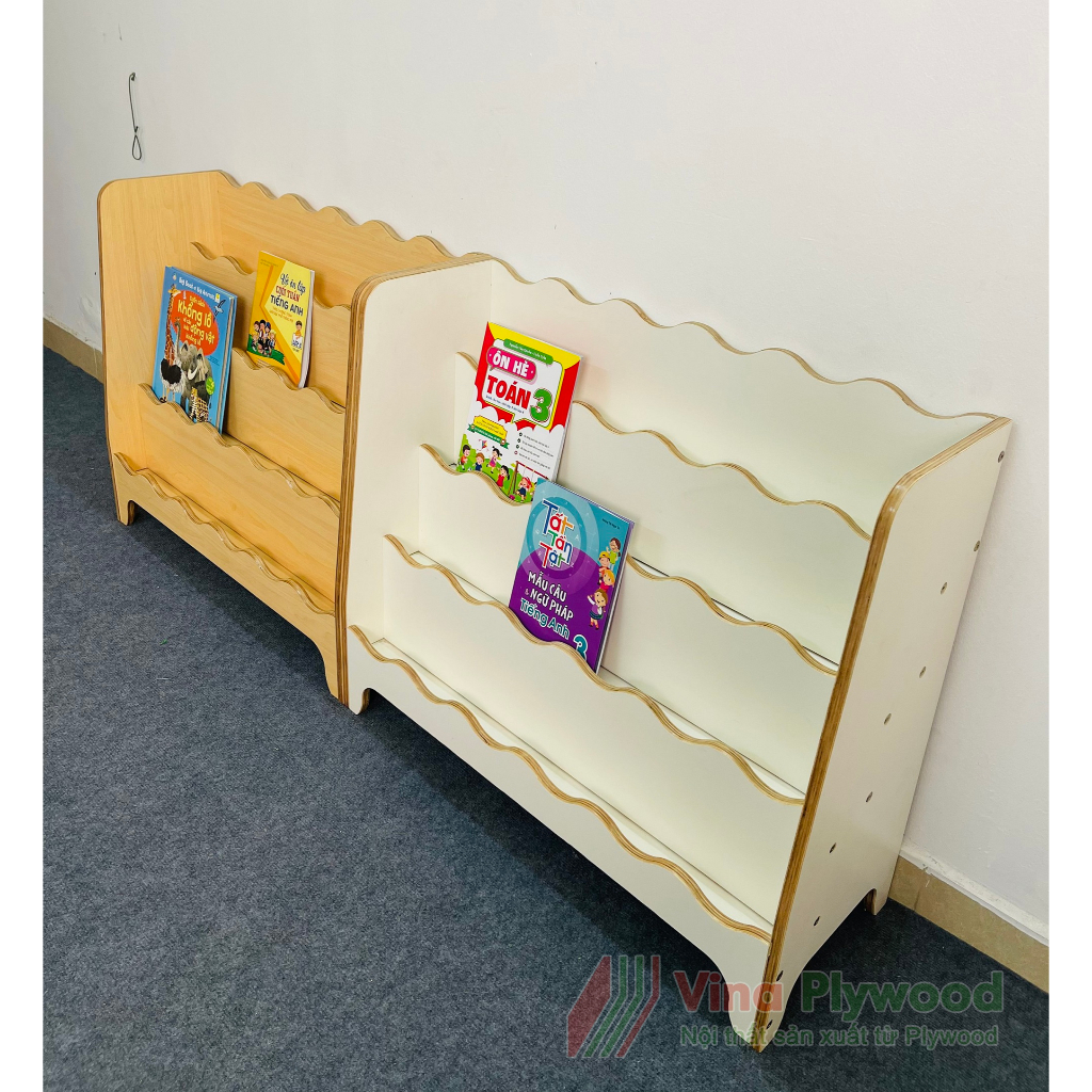 Giá sách montessori hai màu trắng và vân gỗ, giá sách hiện đại gỗ plywood phủ melamin an toàn với trẻ em