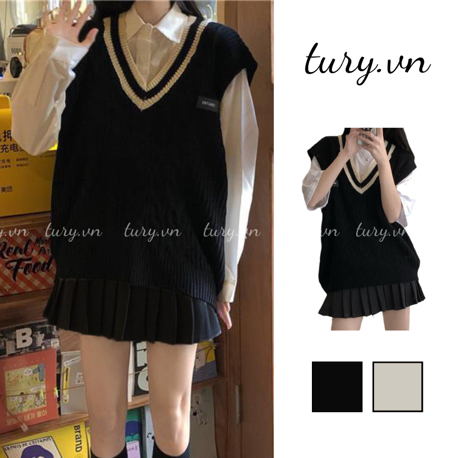 Áo Gile Unisex Cổ Tim, Áo Len Thừng Họa Tiết Kẻ Viền From Rộng Thời Trang Học Sinh Hàn Quốc Basic - Tury.vn - MÃ TA038