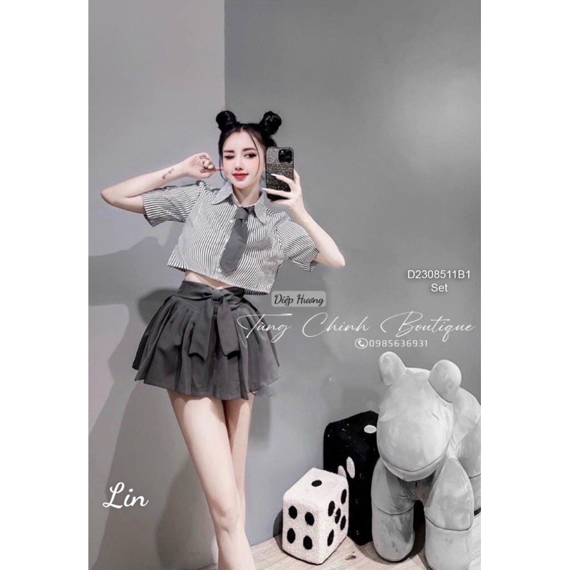 Set bộ áo sơmi tay ngắn form croptop phối chân váy ngắn! chausstore