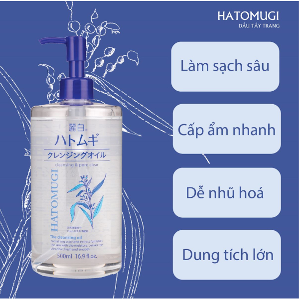 Dầu tẩy trang Hatomugi, tẩy trang ý dĩ the cleansing lotion dưỡng ẩm và làm sáng da Nhật Bản 500ml