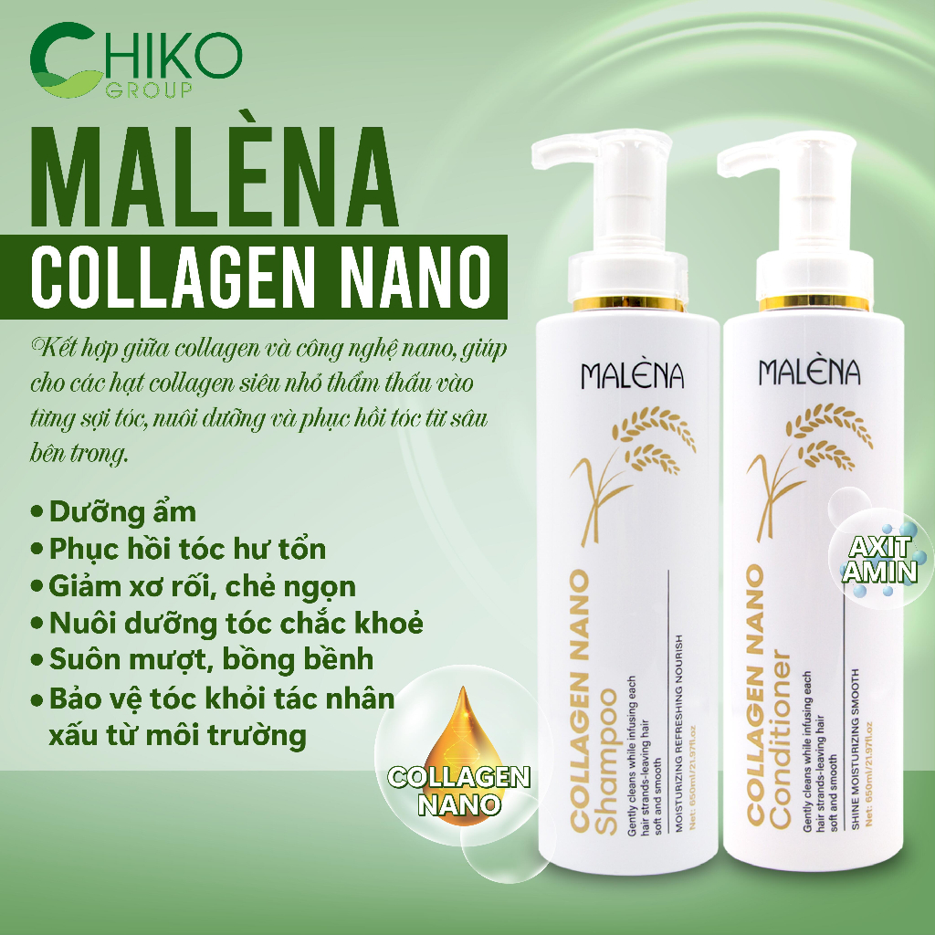 Bộ Dầu Gội Xả CHIKO MALÈNA Collagen Nano Siêu Mềm Mượt 650ml