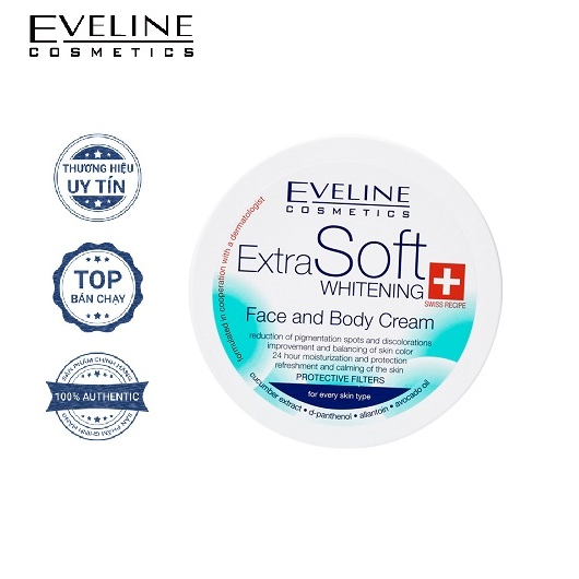 Kem dưỡng trắng da mặt và body chiết xuất dưa leo, lê và D-panthenol Eveline Extra Soft 200ML