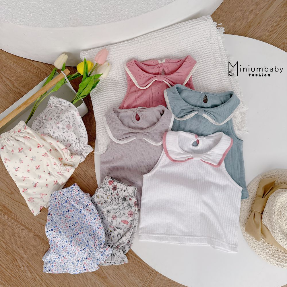 Bộ quần áo sát nách cổ sen cho bé diện mặc nhà đi chơi xinh xắn, chất liệu cotton mềm mát, Miniumbaby SB1545
