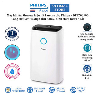 Máy hút ẩm Philips DE3203/00 395W, dung tích bình chứa nước 4 Lít, diện tích sử dụng 63m2 - Hàng nhập khẩu