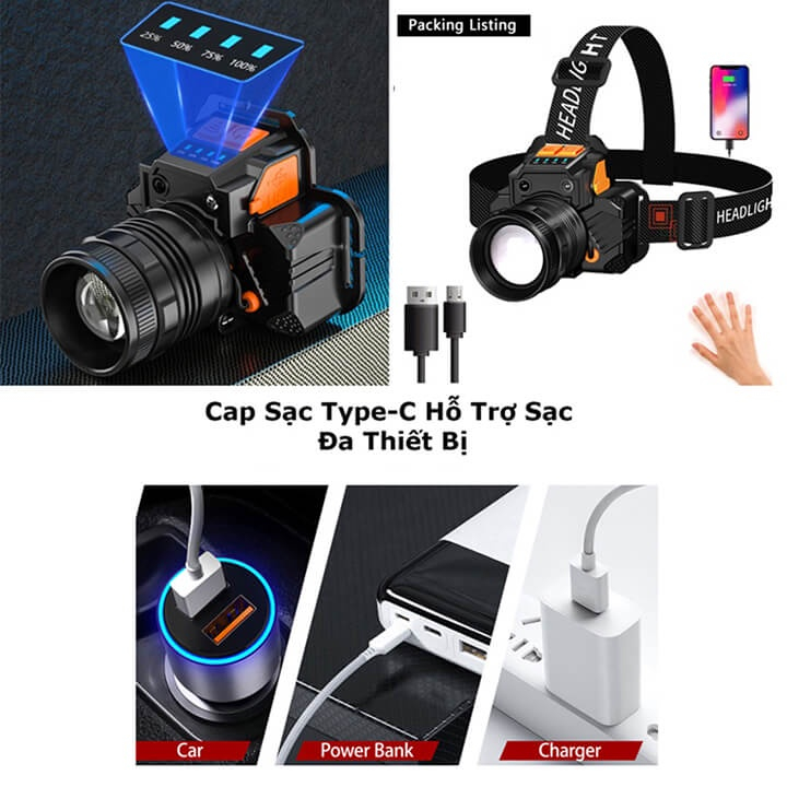 Đèn pin siêu sáng đội đầu KAW 1 bóng chiếu xa 300m cảm biến vẫy tay, chip Led T8 có Zoom xa gần, chống thấm nước.