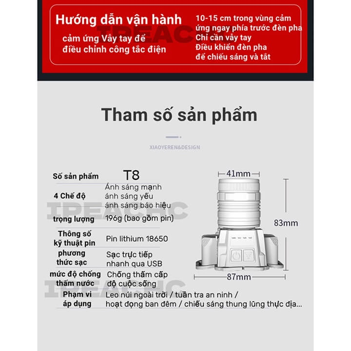 Đèn pin siêu sáng đội đầu KAW 1 bóng chiếu xa 300m cảm biến vẫy tay, chip Led T8 có Zoom xa gần, chống thấm nước.