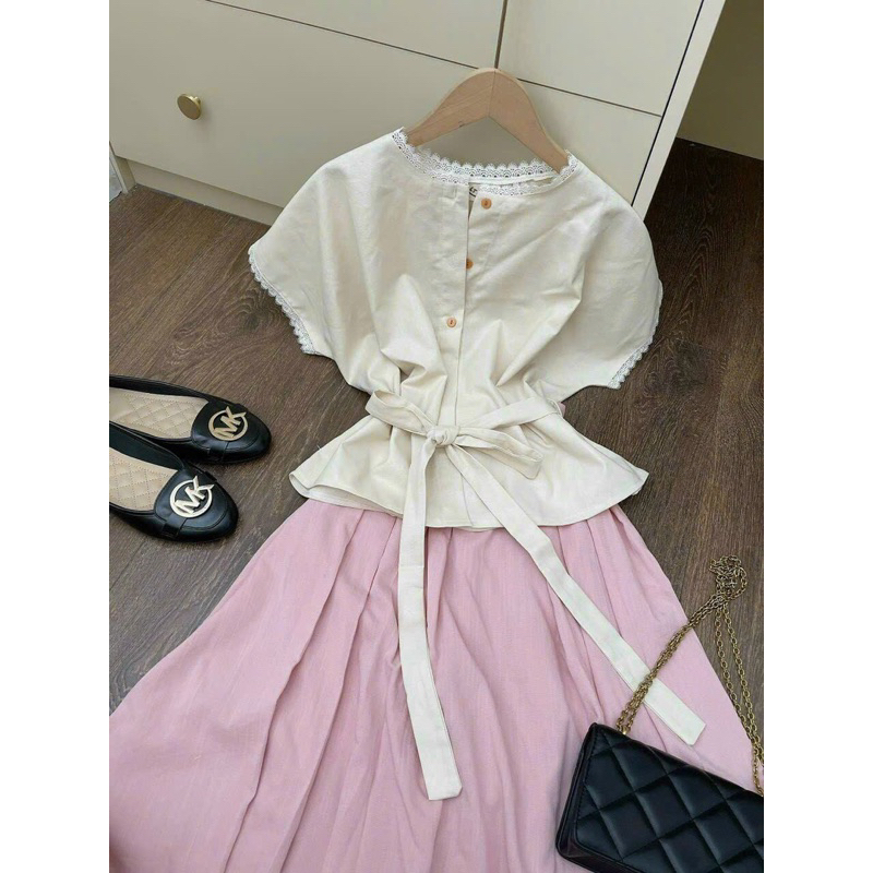 Set áo cổ tròn tay con mix chân váy midi