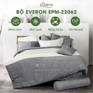 Bộ chăn ga everon epm22062 ghi xám kẻ chất liệu modal chính hãng