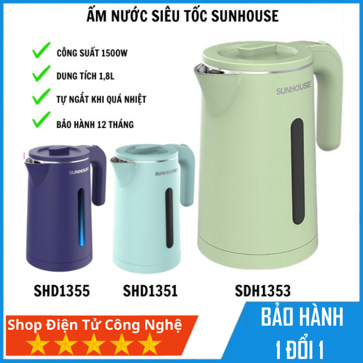 Ấm siêu tốc Sunhouse inox 2 lớp 1,8l, công suất 1500w SHD1353- SHD1351- SHD1355 | BigBuy360 - bigbuy360.vn