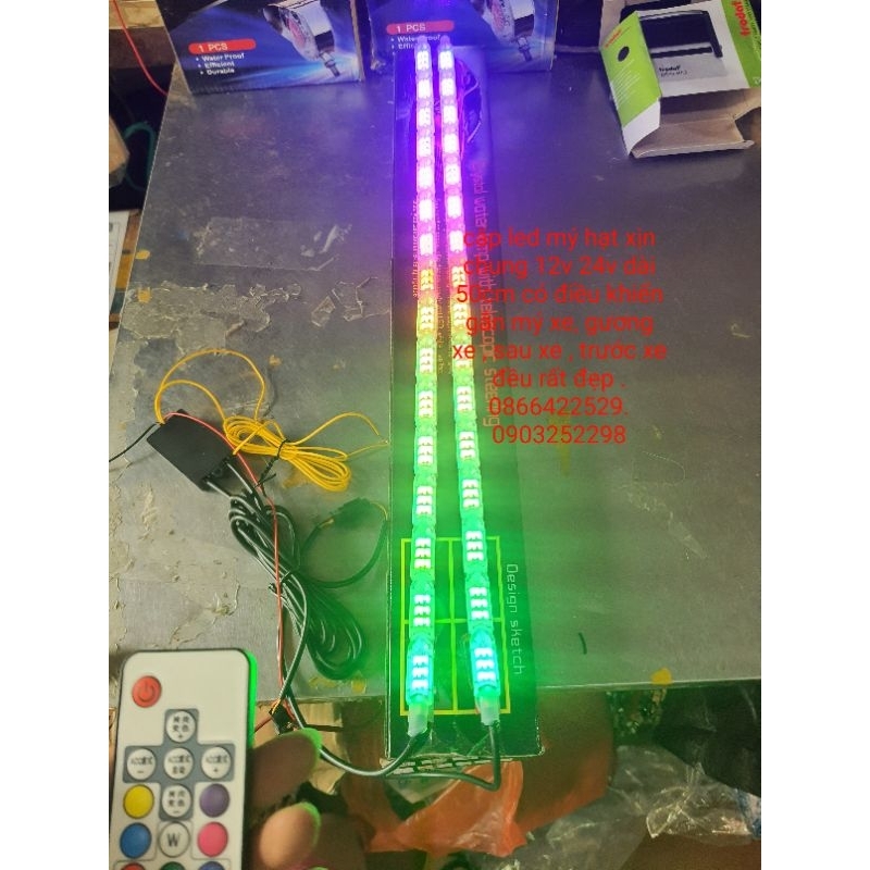 cặp led mý hạt dài 50cm chung 12v 24v có điều khiển đổi màu cực chất gắn mí , gắn gương xe tải, xe hơi