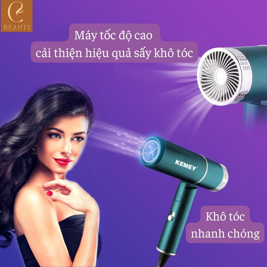 Máy sấy tóc Kemey KM-9825, Máy sấy tóc công suất lớn, Máy làm tóc khô siêu nhanh 2 chiều nóng lạnh có thể gấp gọn