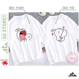 Áo thun cặp đôi nam nữ dễ thương form unisex cổ tròn tay ngắn thun cotton mềm mịn màu trắng AC111T