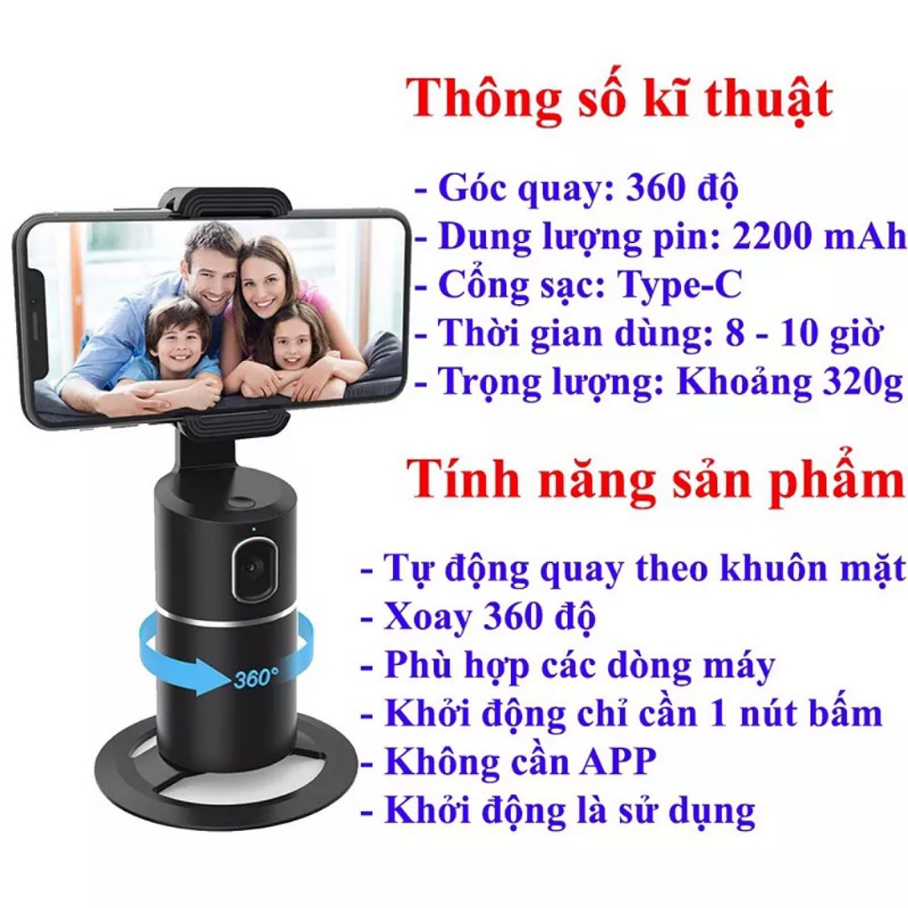 Gimbal Điện Thoại 360-P01 Giá Đỡ Theo Dõi Khuôn Mặt Cho Quay Video, Livestream, Tiktok, Tự Động Xoay 360º, Để Bàn