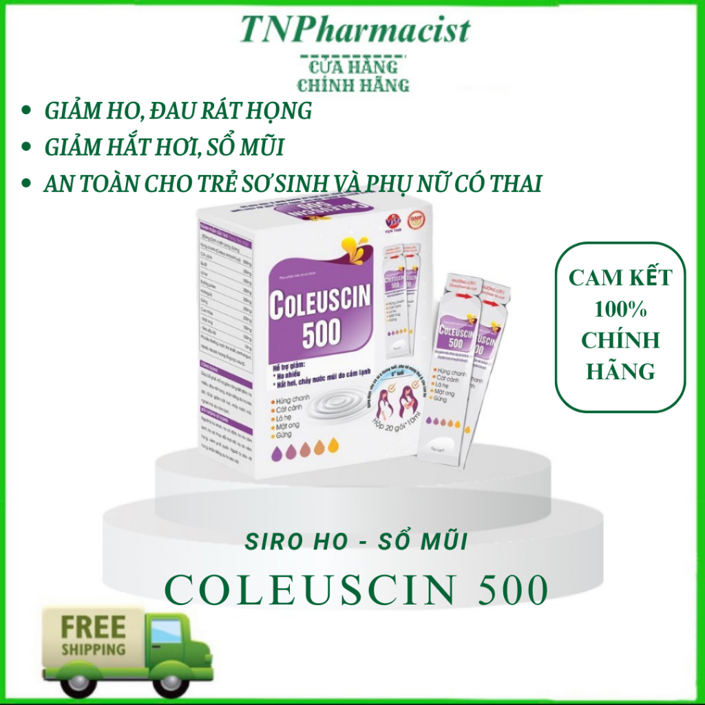Siro ho cảm Coleuscin 500 - giảm ho, giảm đờm, sổ mũi, nghẹt mũi, dùng đươc cho trẻ sơ sinh và bà bầu - Hộp 20 gói