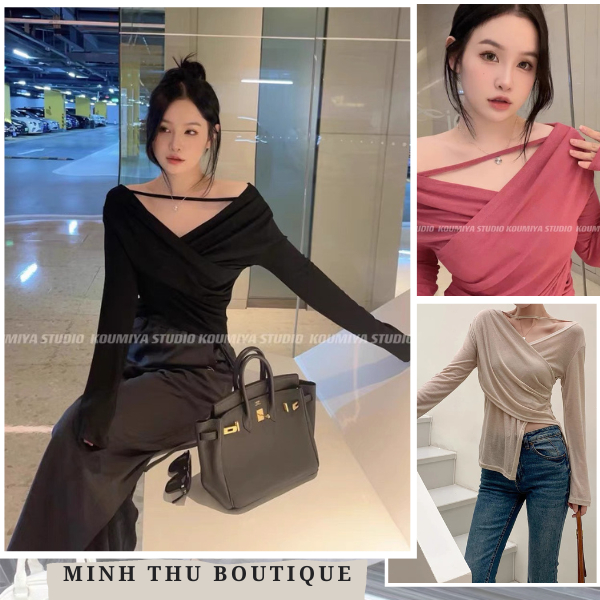 Áo thun giấy dài tay cổ V dây trước nhiều màu, Áo thun giấy basic bánh bèo tiểu thư phong cách Hàn Quốc