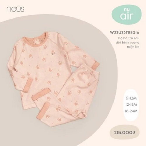 Bộ quần áo dài tay bé gái, bé trai bổ trụ Nous, chất liệu Nu Air, Velour kháng khuẩn (size từ 9-12 tháng đến 2-3 tuổi)