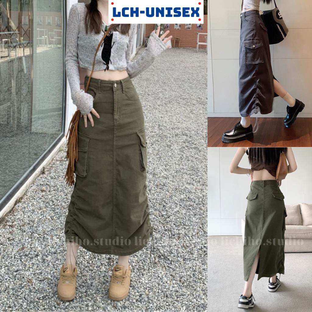 Chân váy chữ A dáng dài phối dây rút phong cách vintage váy kaki túi hộp thiết kế lưng cao xẻ tà sau năng động LCH