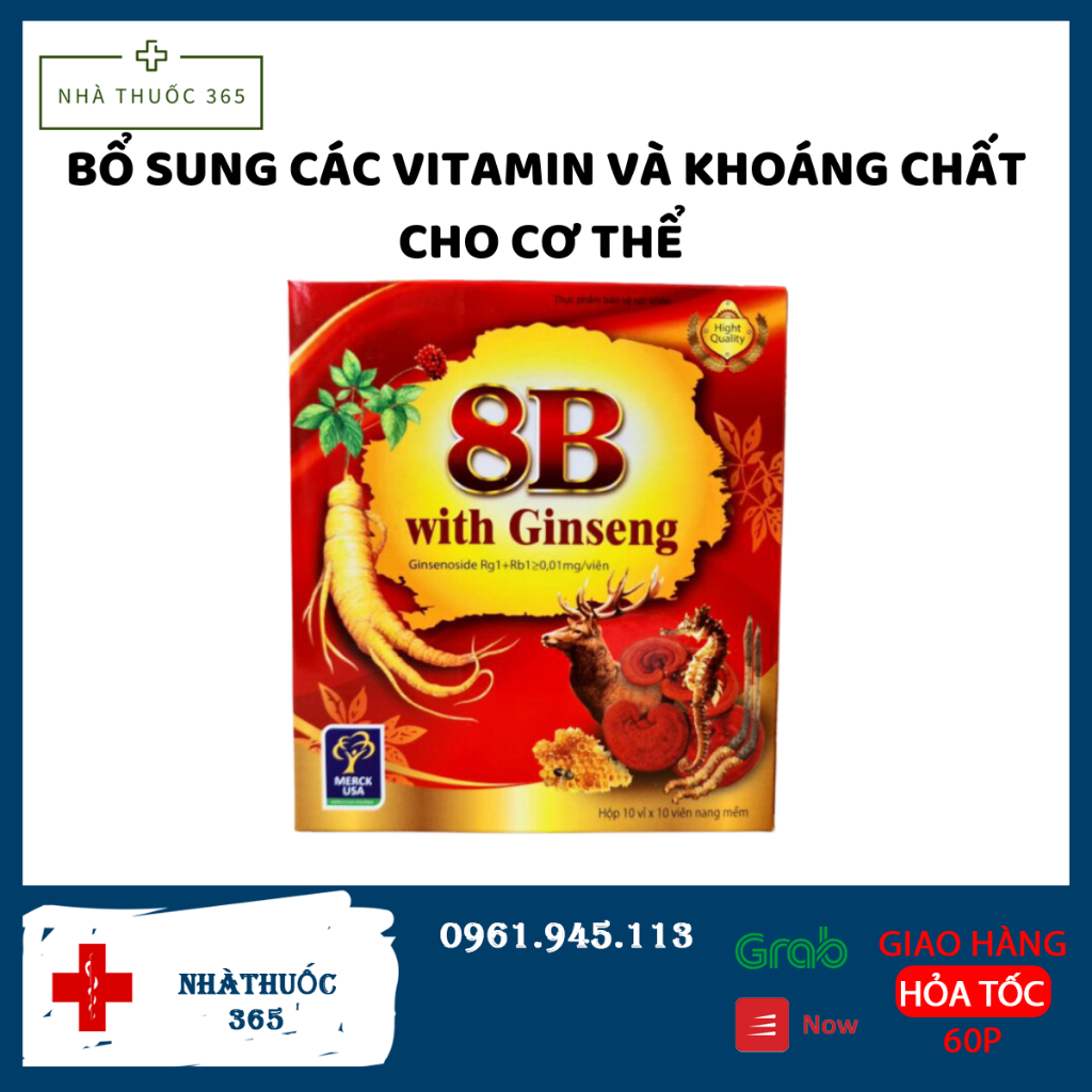 Nhân sâm 8B With Ginseng giúp ăn ngủ ngon, phục hồi cơ thể(Hộp 100 viên)