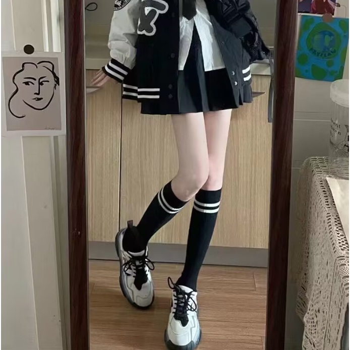 Tất đùi học sinh đen sọc trắng, Vớ hàn quốc phong cách siêu style lolita - Vớ cosplay nữ sexy sọc kẻ đến đầu gối