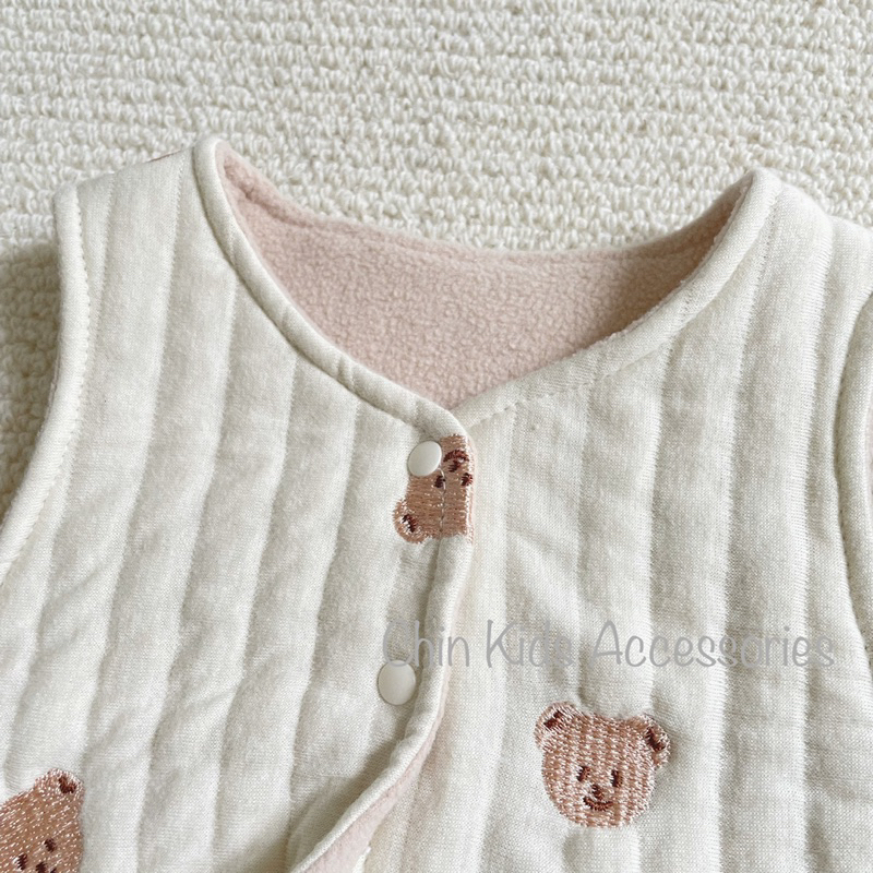 Gile trần bông hai lớp thêu gấu, lót nỉ siêu ấm cho bé trai bé gái