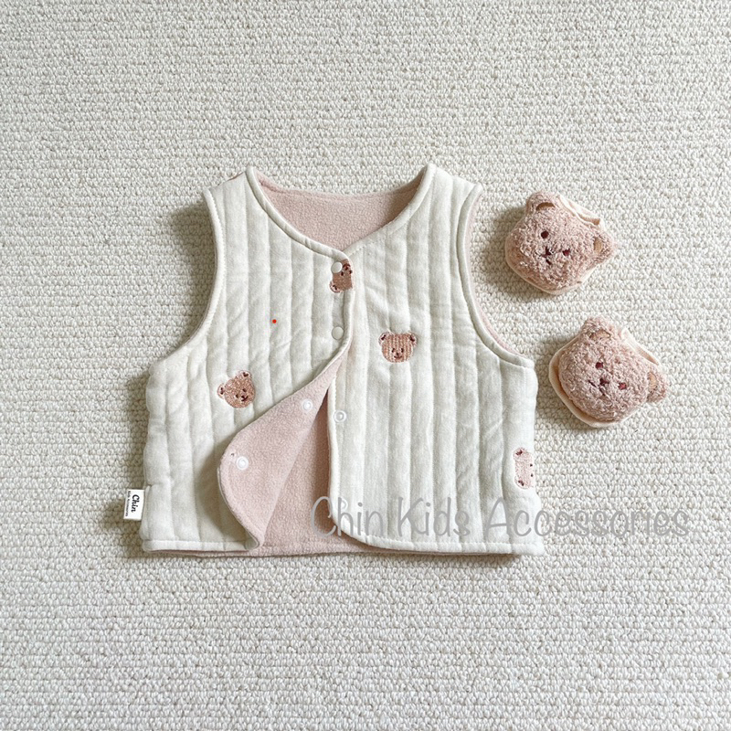 Gile trần bông hai lớp thêu gấu, lót nỉ siêu ấm cho bé trai bé gái