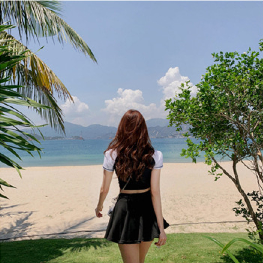 Đồ Bơi Bikini Lanbishop Hai Mảnh Áo Tay Ngắn Trắng Phối Đen Chân Váy Xòe Dễ Thương lanbi -209