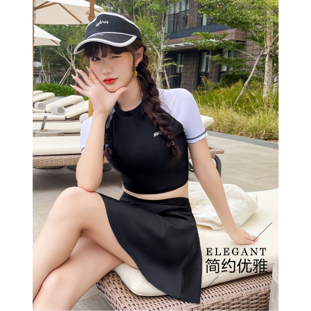 Đồ Bơi Bikini Lanbishop Hai Mảnh Áo Tay Ngắn Trắng Phối Đen Chân Váy Xòe Dễ Thương lanbi -209