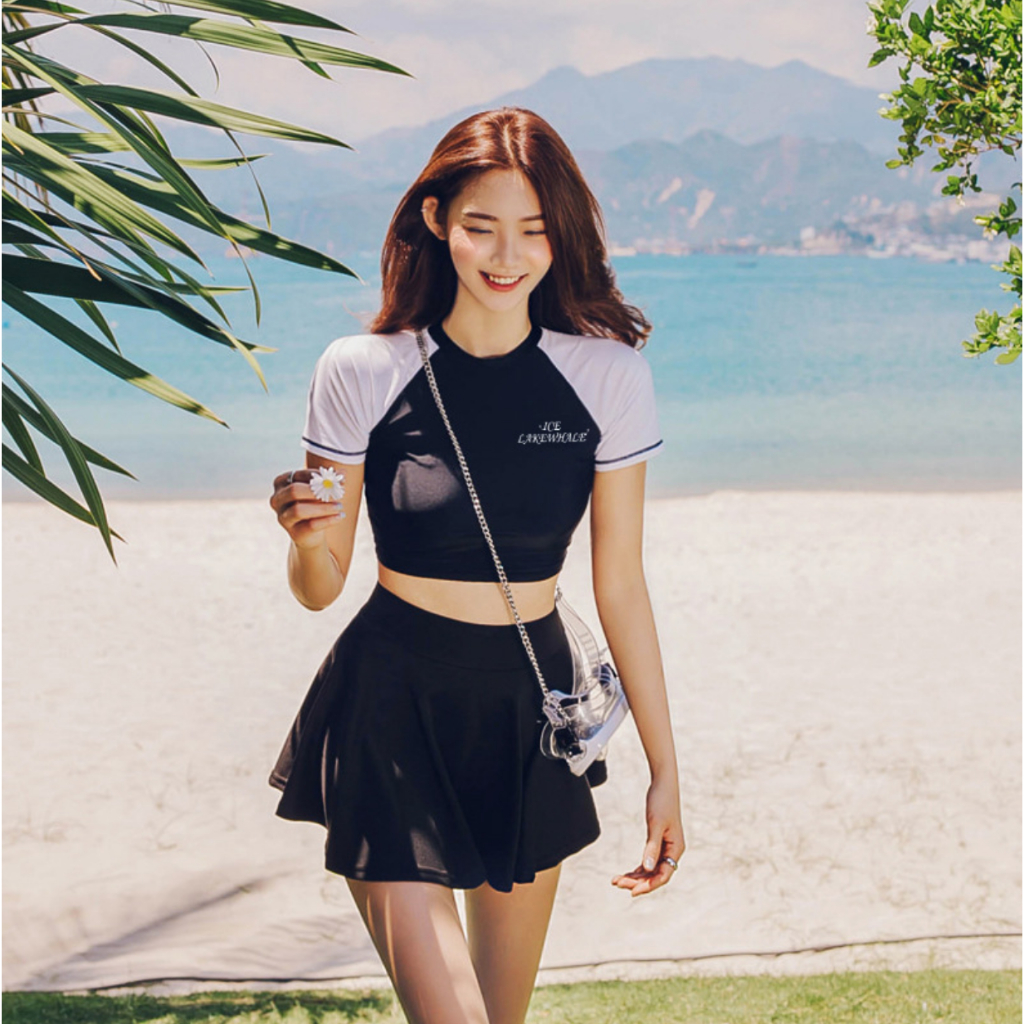 Đồ Bơi Bikini Lanbishop Hai Mảnh Áo Tay Ngắn Trắng Phối Đen Chân Váy Xòe Dễ Thương lanbi -209