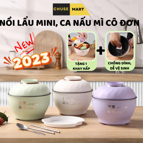 Ca nấu mì tròn kèm bát, nồi nấu mini đa năng, nồi lẩu cô đơn - Công suất 300W