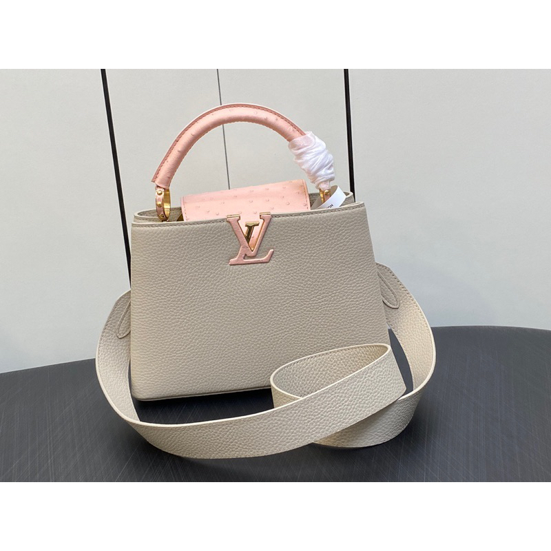 Louis Vuitton Capucines Bag Like Au Nhập Khẩu Da Taurillon Xám và Da Đà Điểu Hồng Nguyên Chiếc Phần Cứng Mạ Vàng